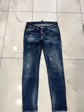 DSQUARED2 Women’s Low-Rise Skinny Jeans in Distressed Dark Blue Denim